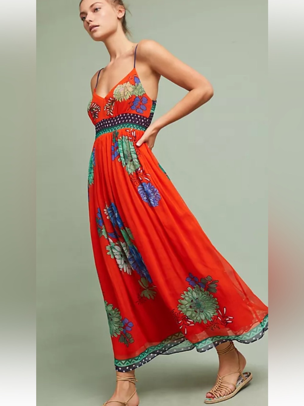 Maeve Bright Red Floral Maxi Dress with Multicolor Blooms Size 6